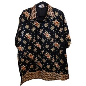 Aneka Batik Black print lined SS button up shirt Size Large EUC